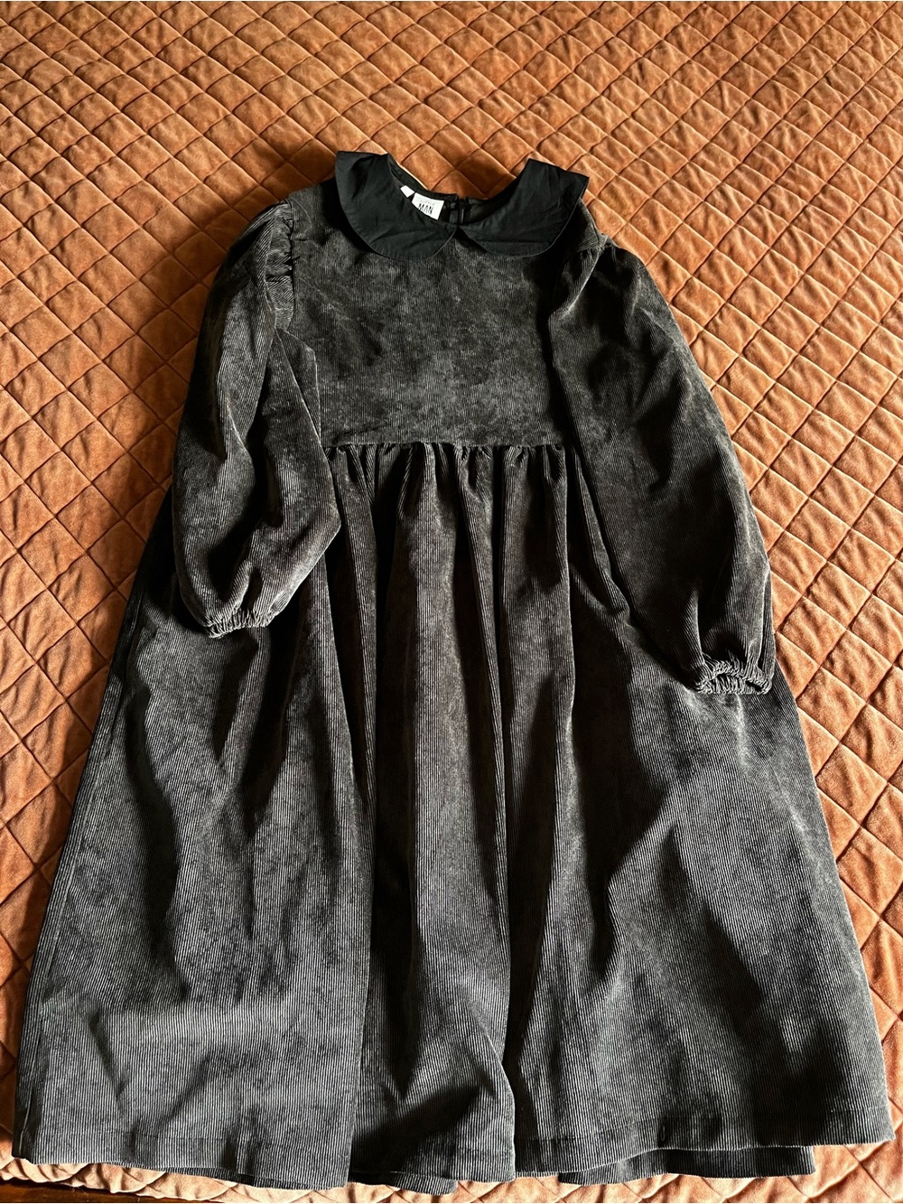 Little Man Happy gray Corduroy dress puff sleeve black Smock collar